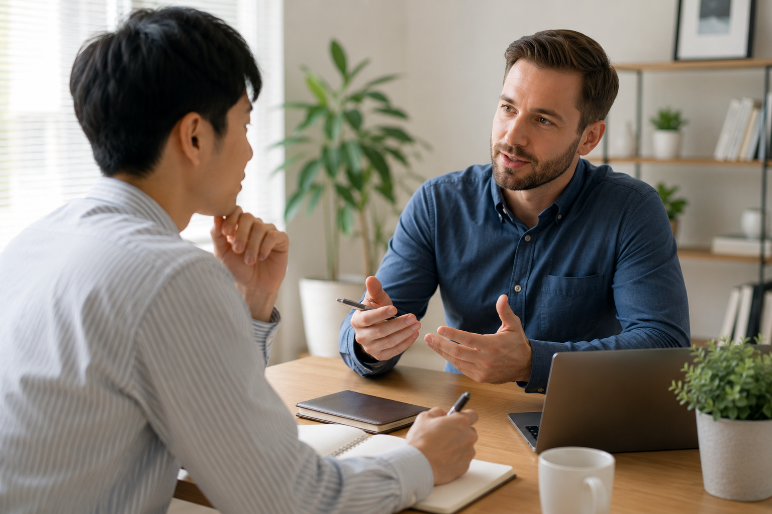 外国人の先生と、マンツーマンでコーチングレッスンを行なっている社会人男性のイメージ画像
