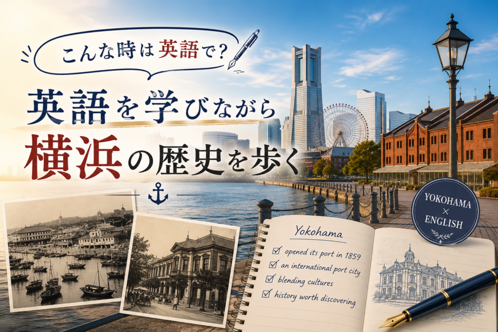 横浜の歴史を英語で学ぶアイキャッチ画像。赤レンガ倉庫、みなとみらい、開港当時の横浜の古写真をデザイン。