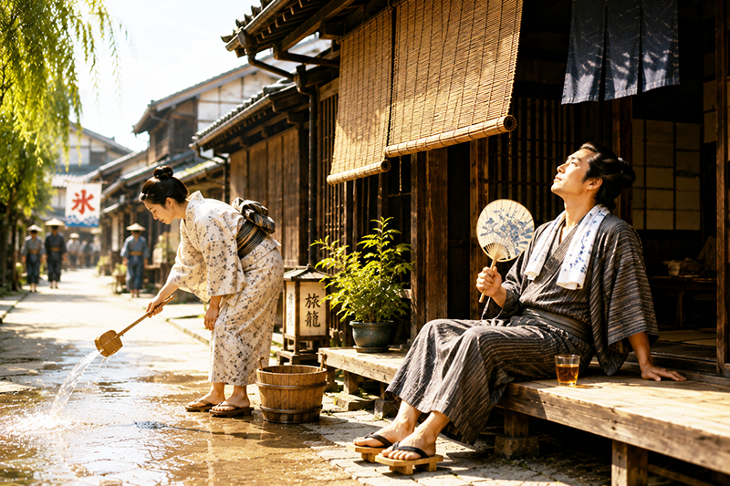 暑い夏、軒先で打ち水をする女性のイメージ画像