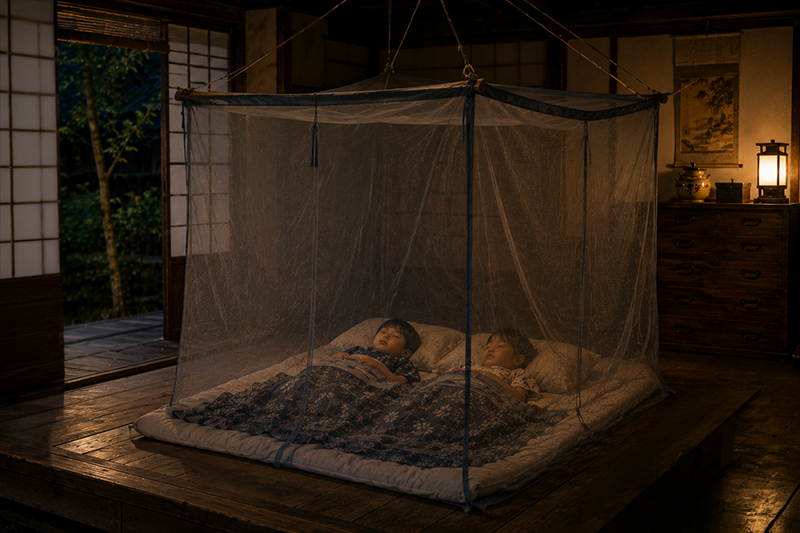 蚊帳の中での眠る子供のイメージ画像