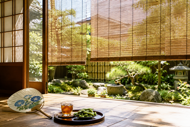 縁側のすだれと、日本の夏をイメージした麦茶と枝豆