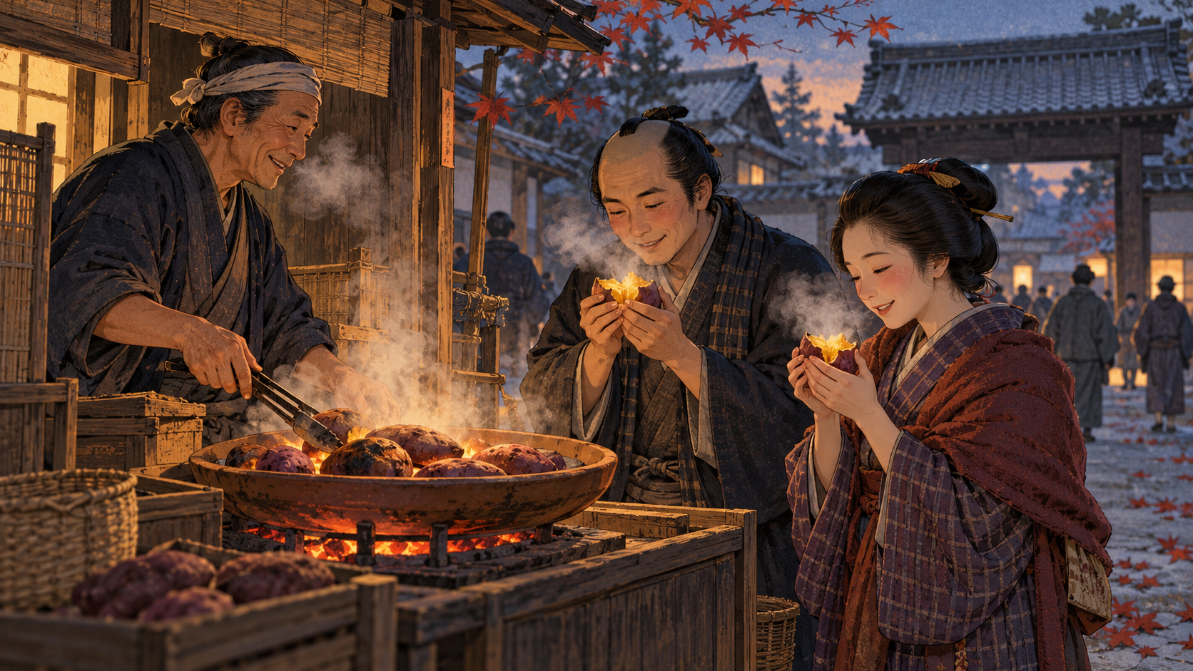 寒くなってきた江戸のまちで焼き芋を売る男性と、その焼き芋を食べる男女のイラスト