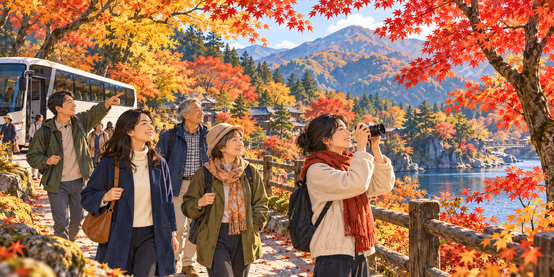 紅葉狩りのバスツアーを楽しむ現代の人たち