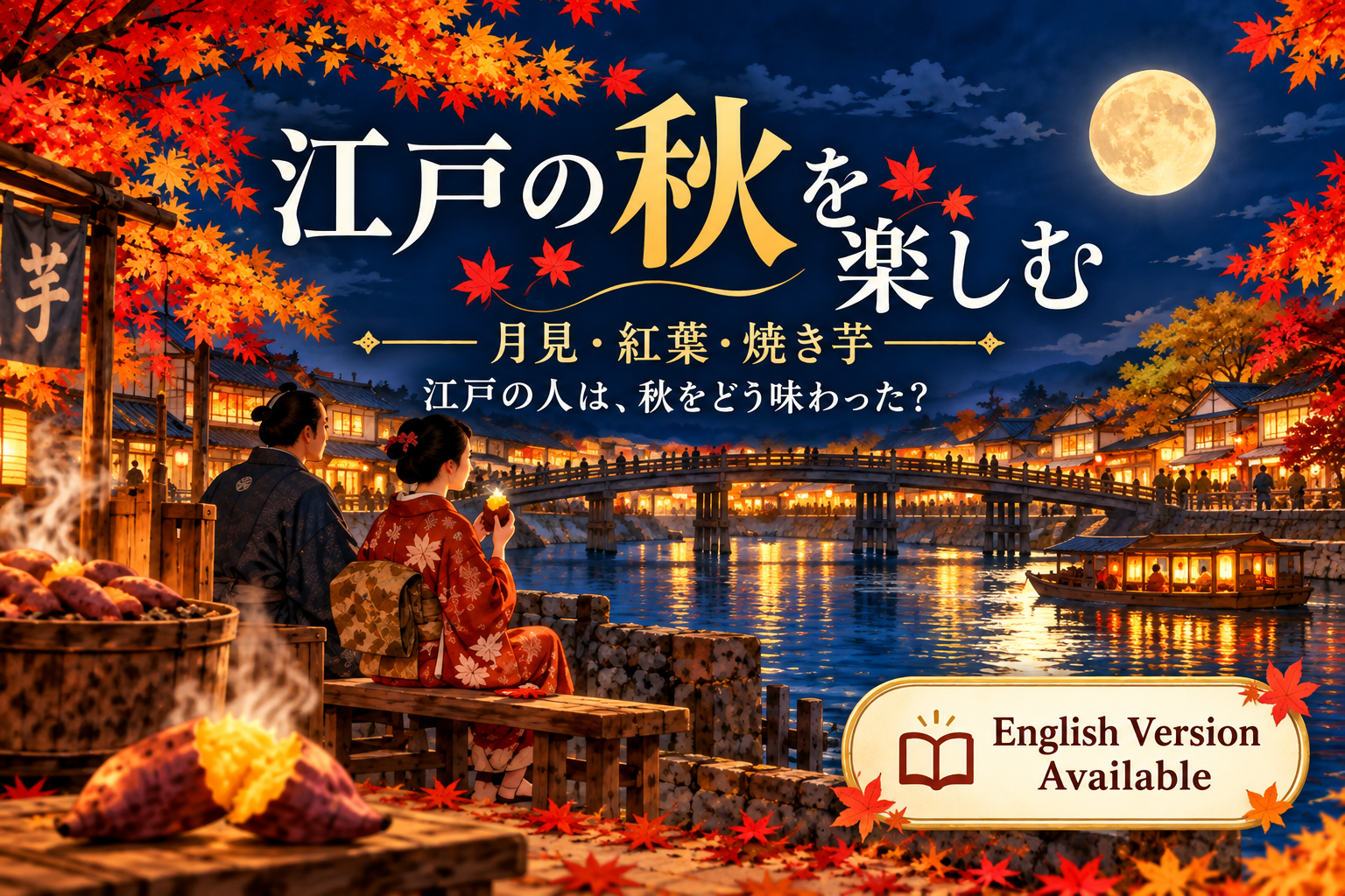 秋の空を楽しみながら焼き芋を食べる江戸時代の男女のイメージ画像